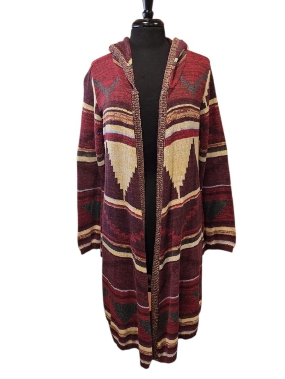 VENUS Boho Aztec Duster Burgundy and Cream Hooded Open Cardigan Long Sweater